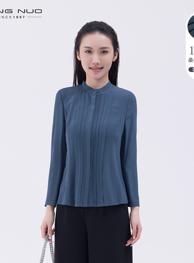 靓诺春秋新款长袖真丝衬衫女重磅压褶圆领桑蚕丝气质上衣LC22116A