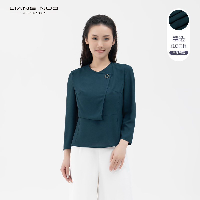靓诺春秋季新款设计感职业气质不对称长袖圆领T恤女收腰LV20107A