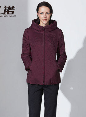 靓诺冬季棉服女修身短款酒红色立领连帽菱格中年棉衣外套LM18456A