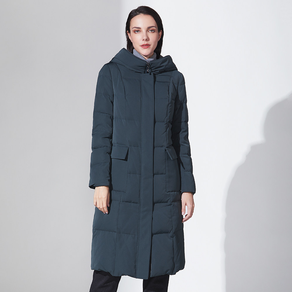 靓诺女士冬季高立领绿色白鸭绒连帽中长款羽绒服精致高级LY19455A