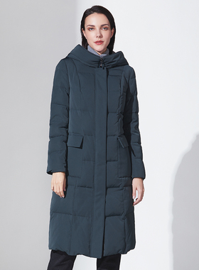 靓诺女士冬季高立领绿色白鸭绒连帽中长款羽绒服精致高级LY19455A