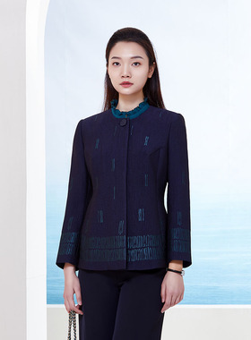 靓诺藏蓝色竖条绣花上衣女士外套修身百搭小香风短外套LS17361A