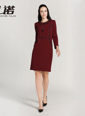 靓诺秋冬女刺绣红色收腰显瘦蕾丝中长高端修身气质连衣裙LL19350A