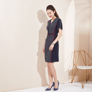 靓诺2021夏新品 显瘦V领高档优雅条纹连衣裙LL19259A 蓝白条修身