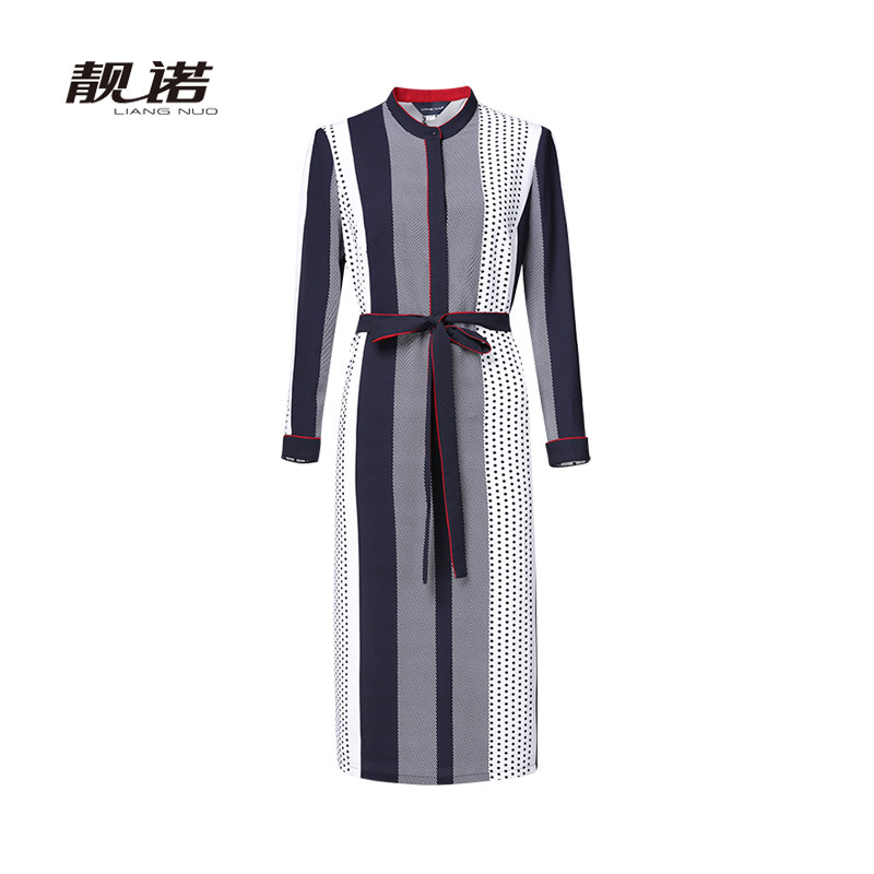 靓诺蓝白拼色波点连衣裙ll19144a