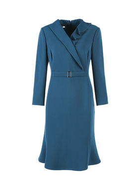 靓诺灰蓝不对称领连衣裙LL18354A