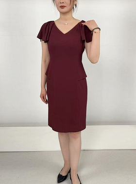 LN系列时尚气质酒红色连衣裙时尚收腰中长款纯色修身裙子NQ14026A