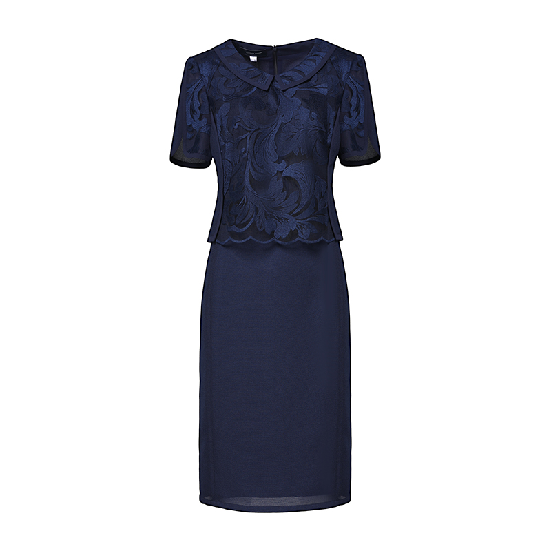 靓诺草叶形蕾丝蓝连衣裙LL18150A