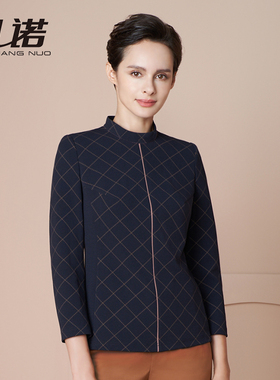 靓诺藏蓝色撞色格子立领小衫修身H版年轻格纹现代感上衣LV21440A