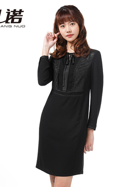 [高阶通勤美学]靓诺春季黑色圆领蕾丝女连衣裙长袖包臀裙LL20141A