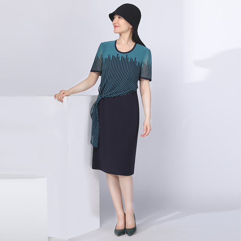 靓诺蓝绿色竖条连衣裙ll19264a