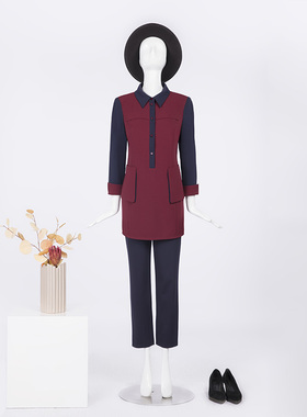 靓诺LIANGNUO藏蓝配酒红中长款长袖衬衫LQ14535B