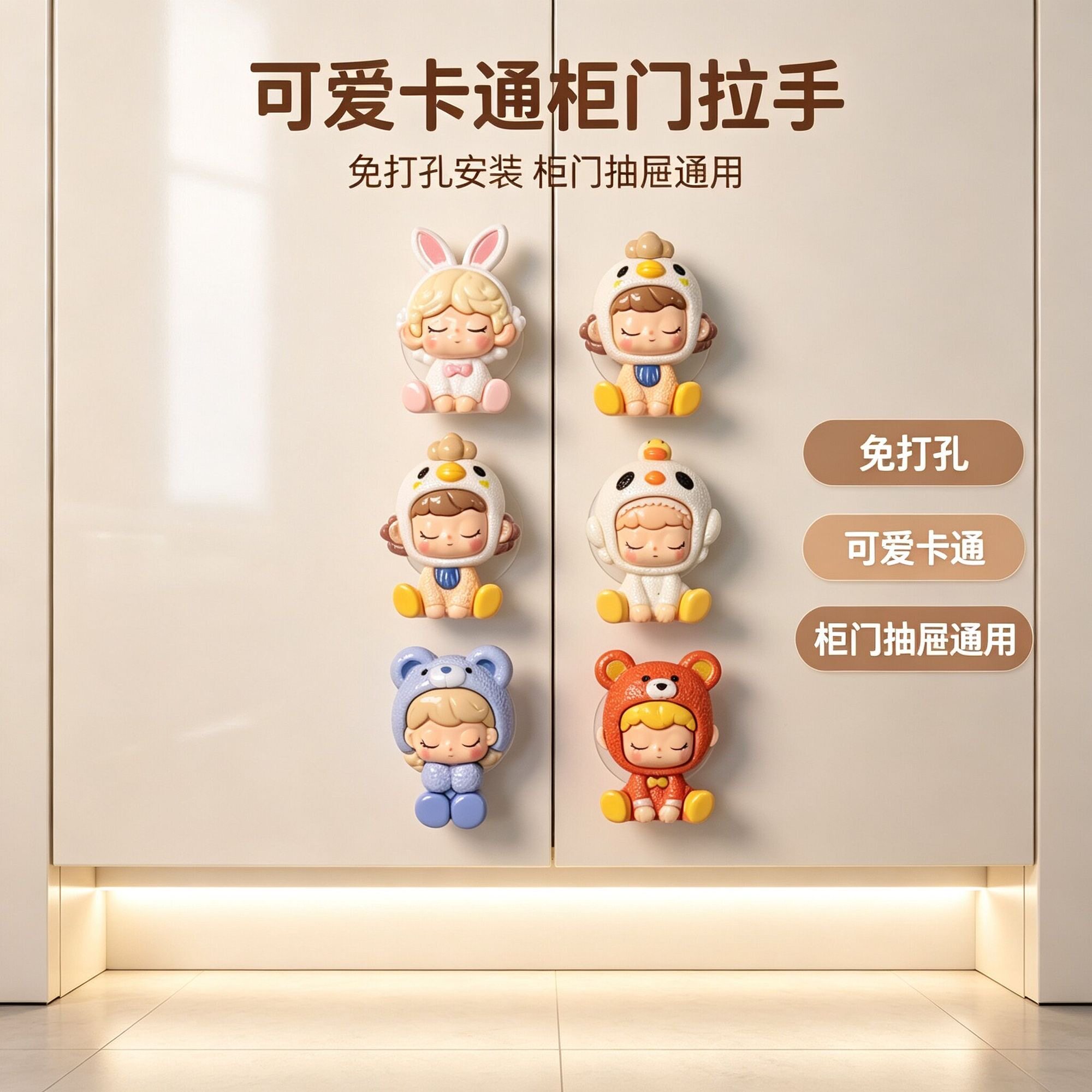 卡通可爱柜门拉手免打孔强力粘胶门把手衣柜门柜子抽屉柜门拉手