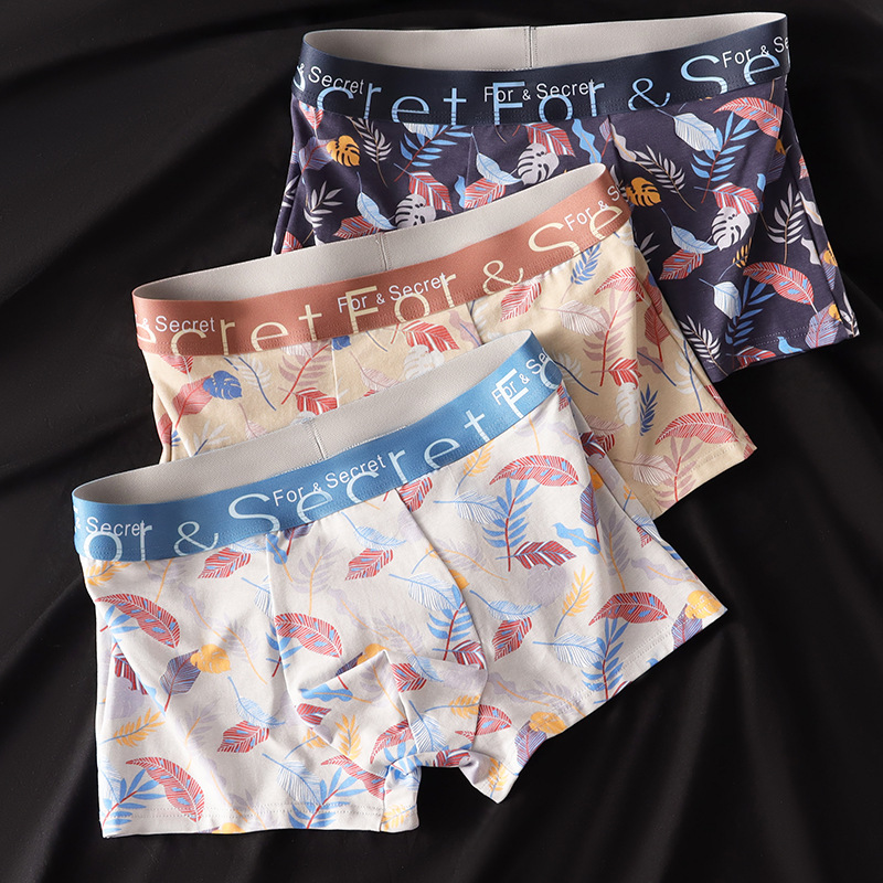 新款男士内裤时尚印花潮流纯棉男生四角平角裤舒适透气7A抗菌短裤