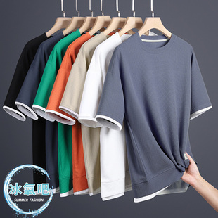 捡漏外贸原单短袖夏季男款假两件T恤宽松休闲百搭透气圆领上衣服