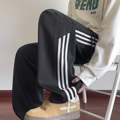 美式卫裤男春秋季宽松外穿三条杠