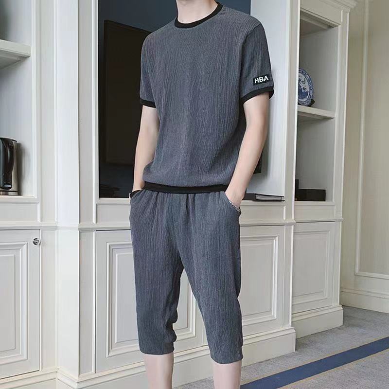 男士休闲运动套装夏季薄款冰丝宽松七分短裤短袖t恤搭配一整套潮