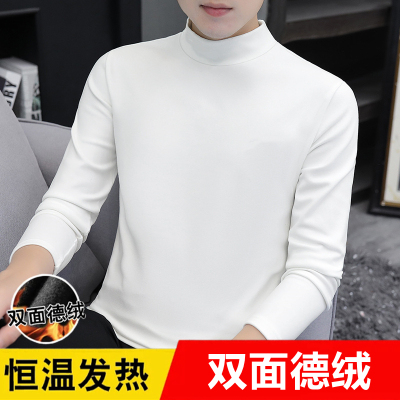 长袖t恤男款秋冬季保暖双面德绒发热上衣服青年半高领体恤打底衫