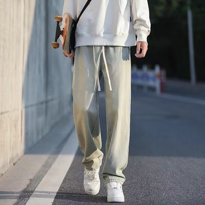 男款牛仔裤春秋季韩版潮流宽松百搭青少年阔腿泥黄色裤子无磁无铁