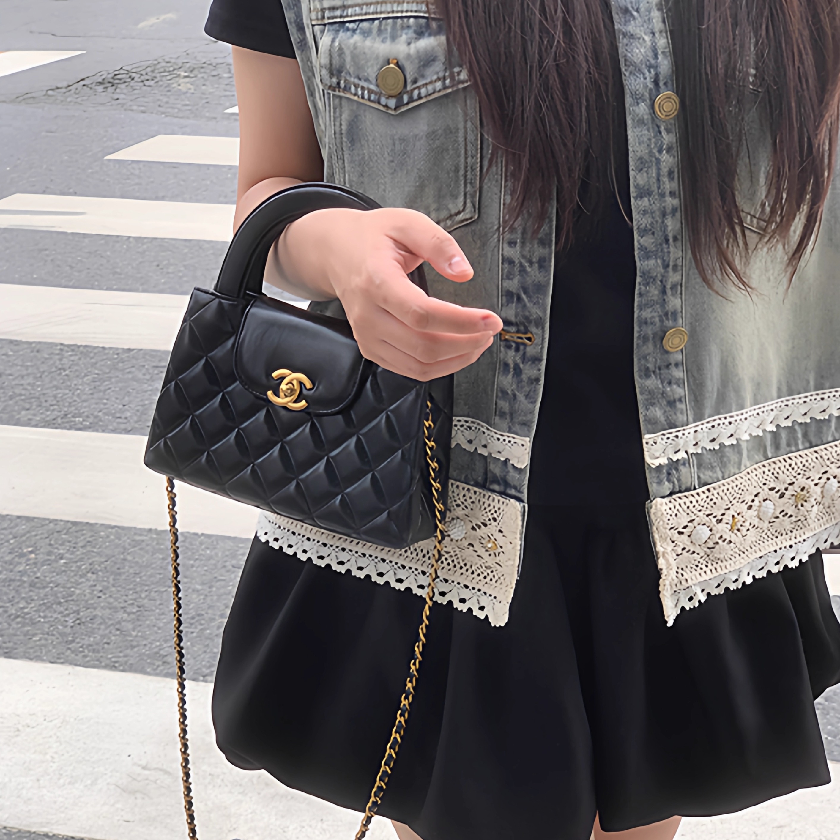 塔尖定制  小香风25P牛皮手柄盒子LP复古拉丝金扣手提斜挎包1122