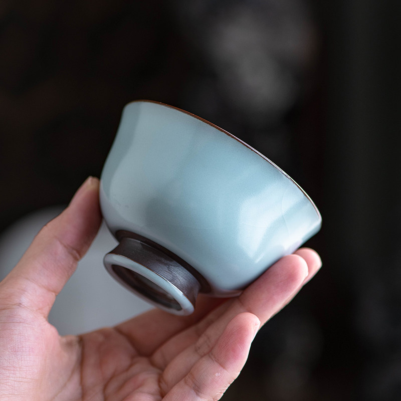 廷怀窑汝瓷个人茶杯大号单杯汝窑可养开片三色主人杯原矿玛瑙入釉