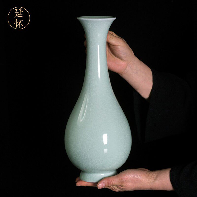 廷怀窑 汝窑花瓶北宋张公巷卵青釉玉壶春花瓶摆件 汝州花瓶花插