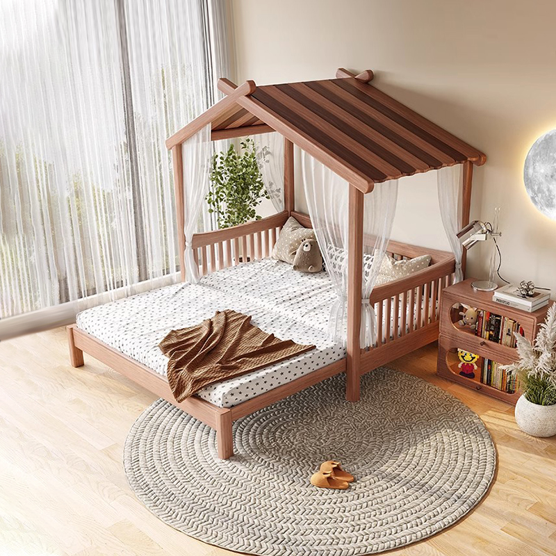 全实木伸缩帐篷儿童床男孩女孩房子床小户型拼接床带护栏抽拉床