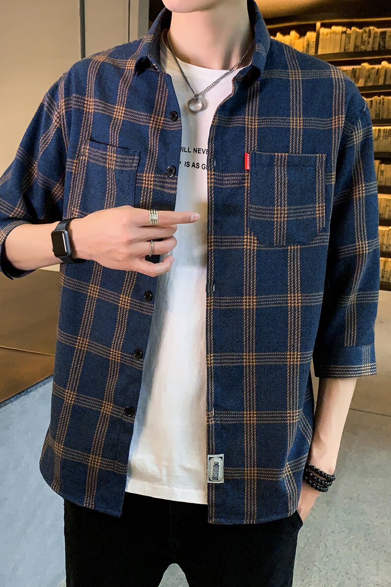 2025新款港风格子衬衫男士七分袖夏季潮流帅气衬衣101A-CS106-P30,男装衬衫,星座101A