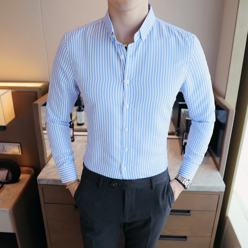 条纹衬衫男士长袖韩版修身商务休闲帅气衬衣潮101A-CS69-P20,男装衬衫,星座101A