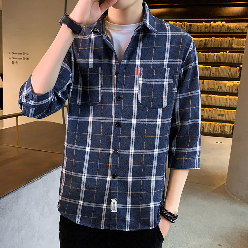 2025新款港风格子衬衫男士七分袖夏季潮流帅气衬衣101A-CS106-P30，男装衬衫，星座101A