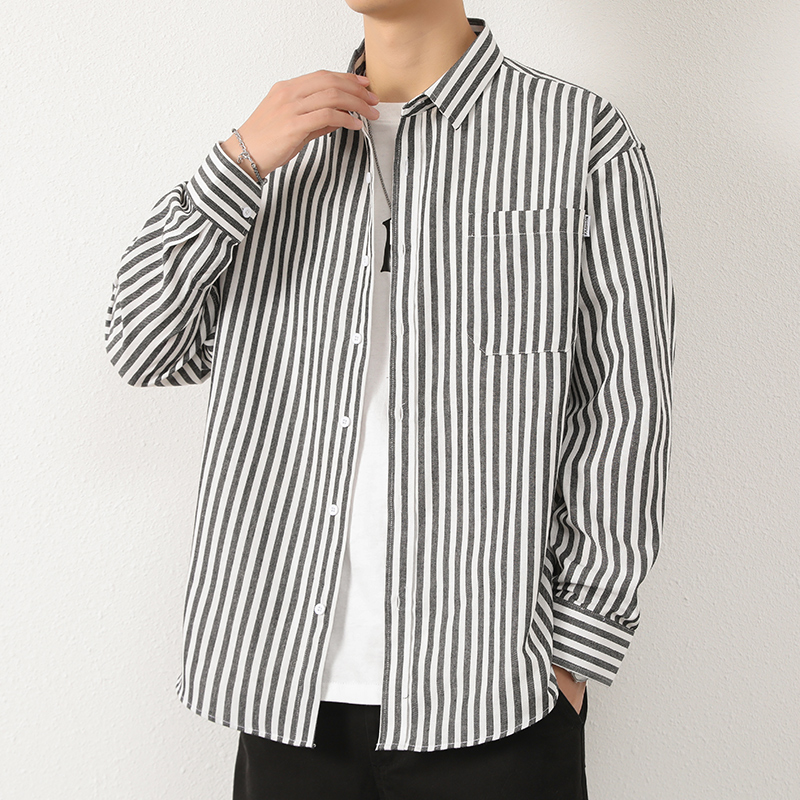 港风条纹衬衫男士长袖春秋款潮流宽松休闲衬衣101A-CS192-P28，男装衬衫，星座101A