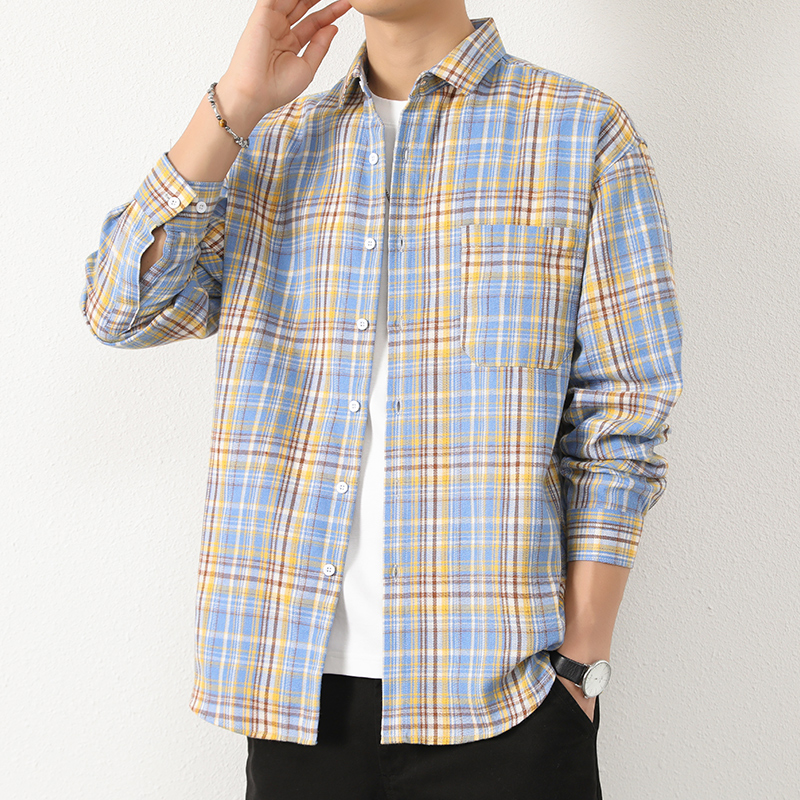港风格子衬衫男士长袖春秋款潮流宽松休闲帅气衬衣101A-CS190-P26，男装衬衫，星座101A