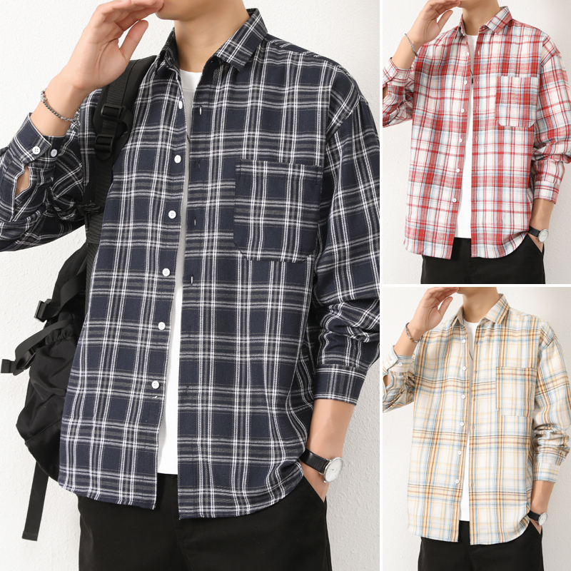 港风格子衬衫男士长袖春秋款潮流宽松休闲帅求衬衣101A-CS189-P26，男装衬衫，星座101A