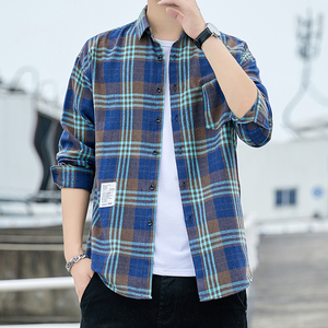男士港风格子衬衫男长袖休闲衬衣青年帅气宽松寸衫101A-CS120-P26，男装衬衫，星座101A