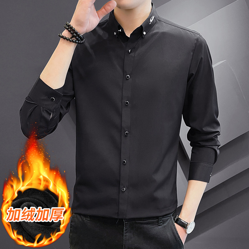 冬季男士加绒加厚衬衫韩版弹力修身刺绣衬衣男101A-CS126加绒-P40，男装衬衫，星座101A