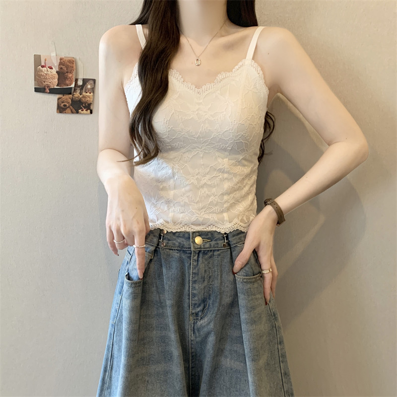 法式纯欲蕾丝美背吊带内搭女春新款大码胖mm带胸垫打底背心上衣夏