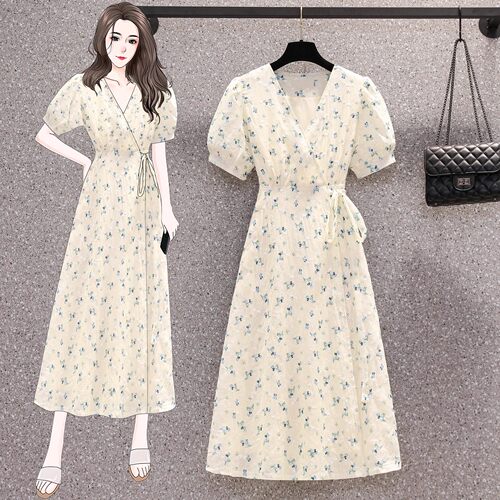 大码女装2025夏季新款法式碎花长裙子胖mm收腰显瘦遮肉V领连衣裙