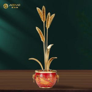 黄铜大麦聚宝盆摆件新中式客厅办公室桌面装饰品乔迁开业工艺礼品