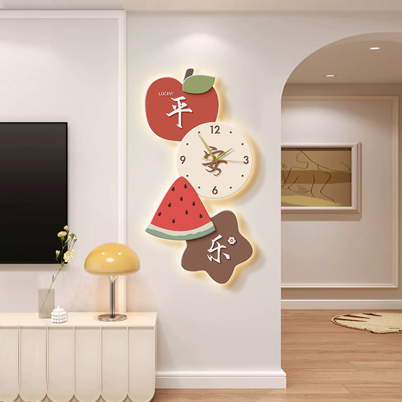 平安喜乐电视背景墙装饰画钟表饭厅灯光画客厅挂画高级感玄关壁画