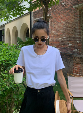 宋小妞 大U领白色t恤女夏季正肩白t纯棉短袖简约打底白t纯色体恤