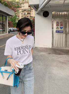 宋小妞 简约黑白T恤女夏季宽松韩版纯棉显瘦简约百搭圆领短袖上衣