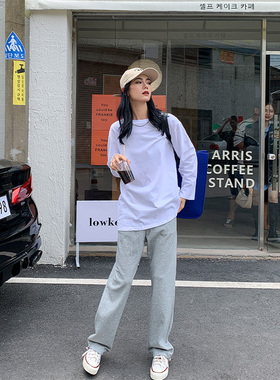 宋小妞 白色长袖t恤女开叉纯棉宽松韩版中长款内搭叠穿打底体恤潮