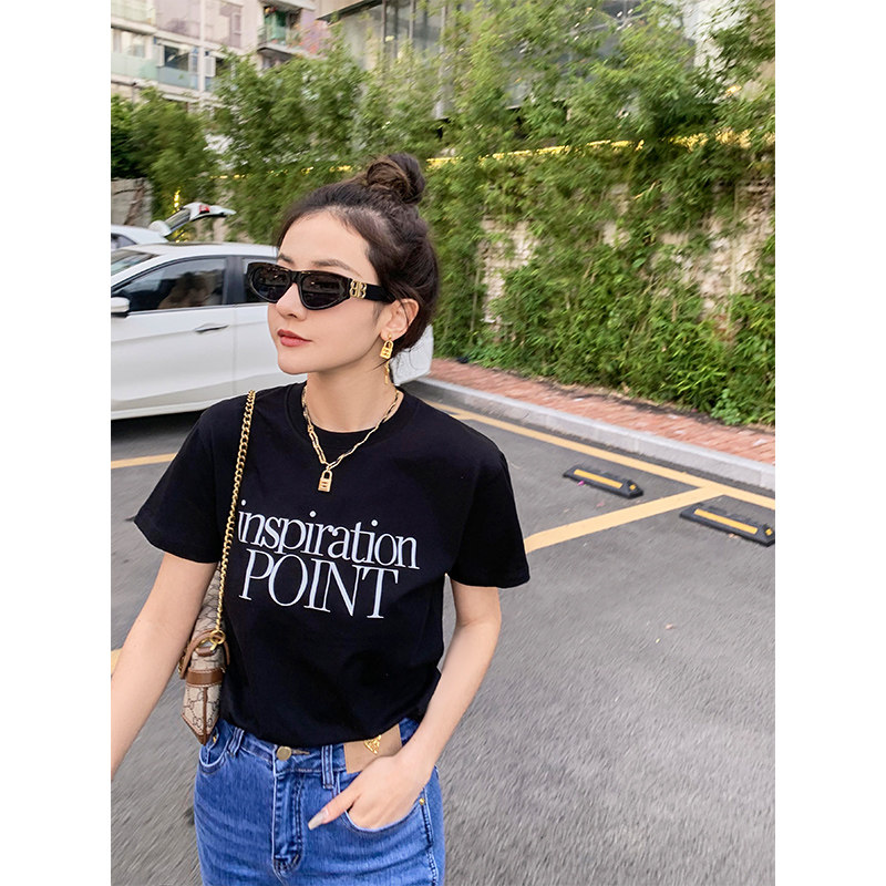 短袖韩版薄印花长绒棉女显瘦