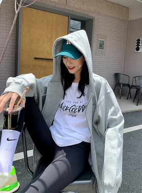 宋小妞 灰色连帽卫衣女外套秋冬加厚宽松韩版拉链开衫设计感小众