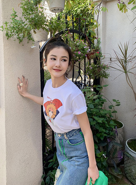 宋小妞 哭泣的女孩白色短袖T恤女动漫印花夏季纯棉圆领百搭上衣潮
