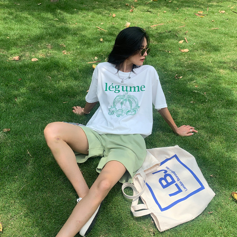 宋小妞 绿南瓜t恤女夏季纯棉短袖设计感小众字母印花宽松韩版上衣