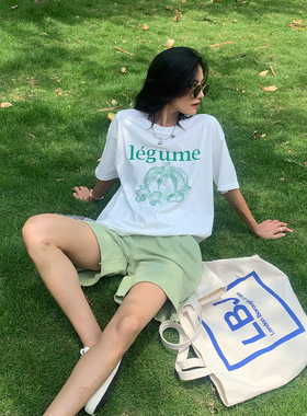 宋小妞 绿南瓜t恤女夏季纯棉短袖设计感小众字母印花宽松韩版上衣