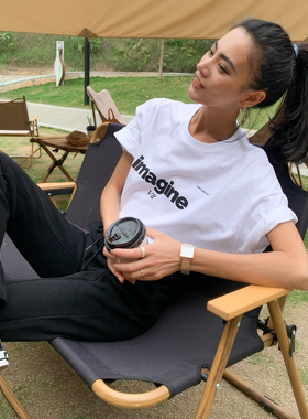 宋小妞 白色纯棉T恤女夏季字母短袖圆领纯棉宽松韩版百搭中长款潮