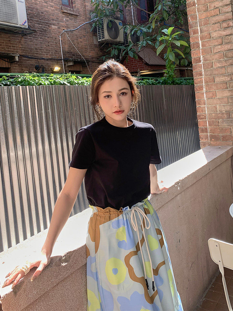 短袖韩版薄纯色长绒棉女显瘦