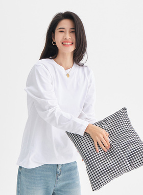 纯色宽松白t恤女纯棉春秋打底长袖叠穿内搭正肩重磅上衣圆领